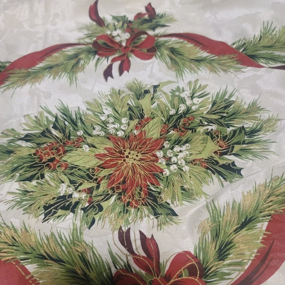 Benson Mills Christmas Ribbons Engineered Printed Fabric Tablecloth 60 x 117"